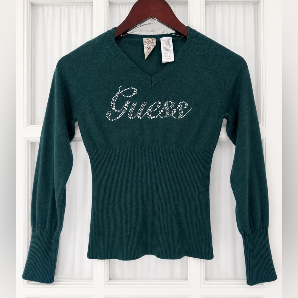 Guess Y2K Rhinestone Logo Sweater Girls Size Large 14 Green Fitted Crop Top NWOT